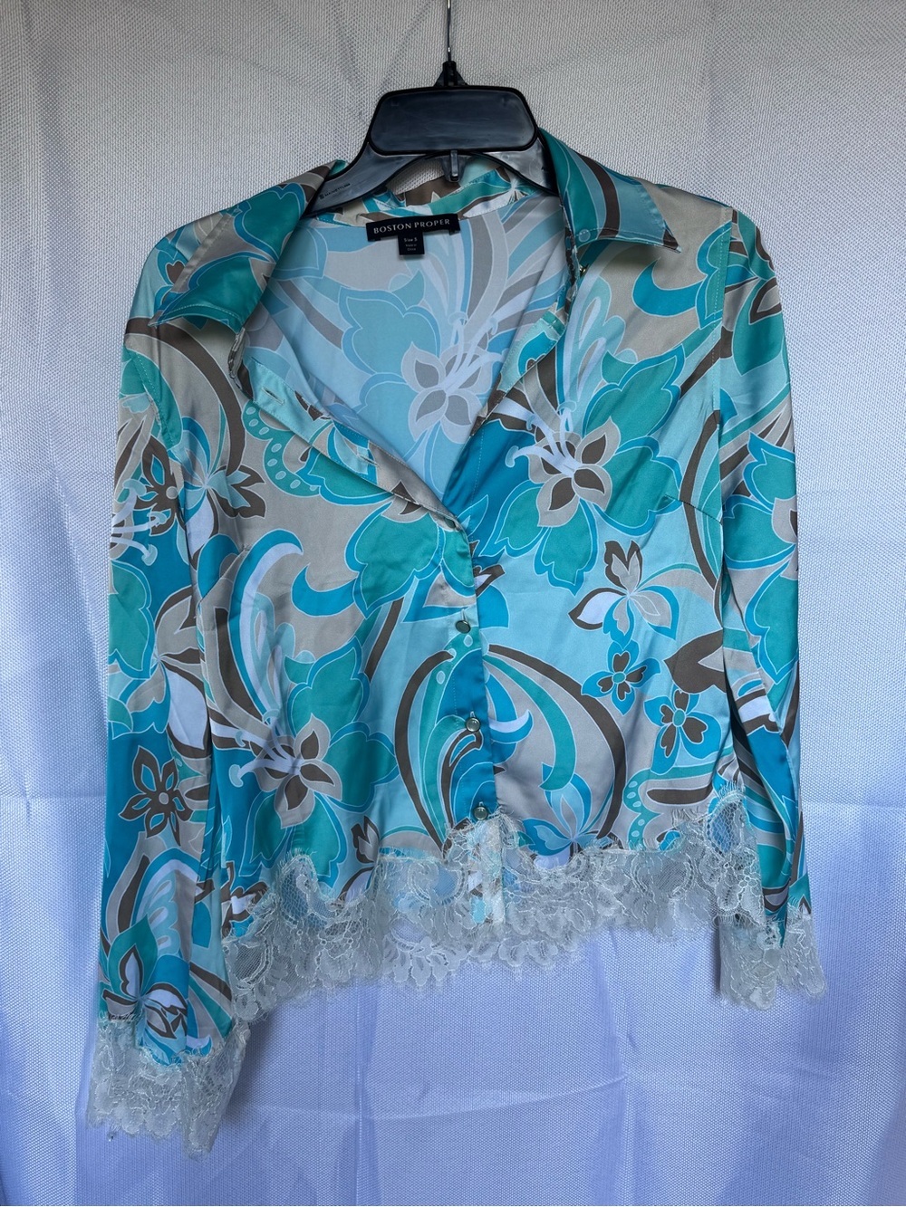Boston Proper Turquoise Floral Satin Button-Down with Lace Trim